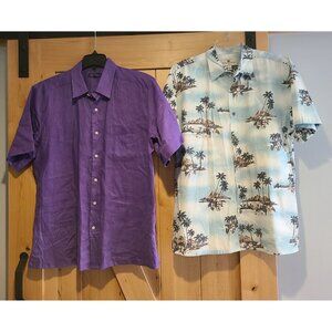 Lot of 2 Alan Flusser 100% Linen Shirt Men Sz L & Island Shores Hawaiian Button